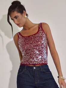 SHEIN BAE Women's New Year's Party Rave Party Sequined Square Neck Top / Party Top / Club / Evening Top / Red Top/Sequin Top/Glitter Top/New Year/Women's New Year's Eve Top,Tank Top - Burgundy - View 6