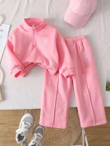 SHEIN 两件套女童刺绣字母拉链连帽衫和裤子套装，带保暖内衬，适合外出、居家和休闲穿着，秋冬季 - 西瓜粉 - 查看 7