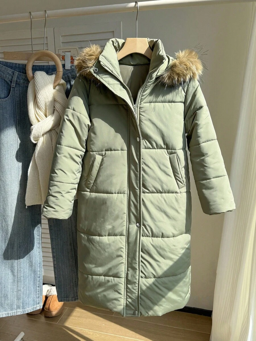 SHEIN Tween Girls Casual Fashionabla Militär Grön Pälskrage Lång Dragkedja Knapp Bekväm Utomhus Skid Elegant Vadderad Kappa - Armé Grön - Visa 1