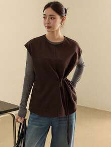 Dazy-Less Brown Sleeveless Pullover Vest, Casual & Fashionable Shirt For Women, Autumn/Winter Business Casual Woman - Brown - View 5
