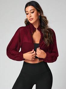 SHEIN Sports 女士立领拉链短款长袖休闲日常多功能户外运动夹克 - 酒紅色 - 查看 5