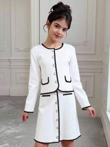 SHEIN Tween Girl Contrast Trim Round Neck Drop Shoulder Long Sleeve Button Front Casual Top & Skirt Set - White - View 4