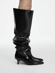 Mnmlis 女士尖头时尚黑色日常百搭过膝高跟靴 - 黑色 - 查看 1