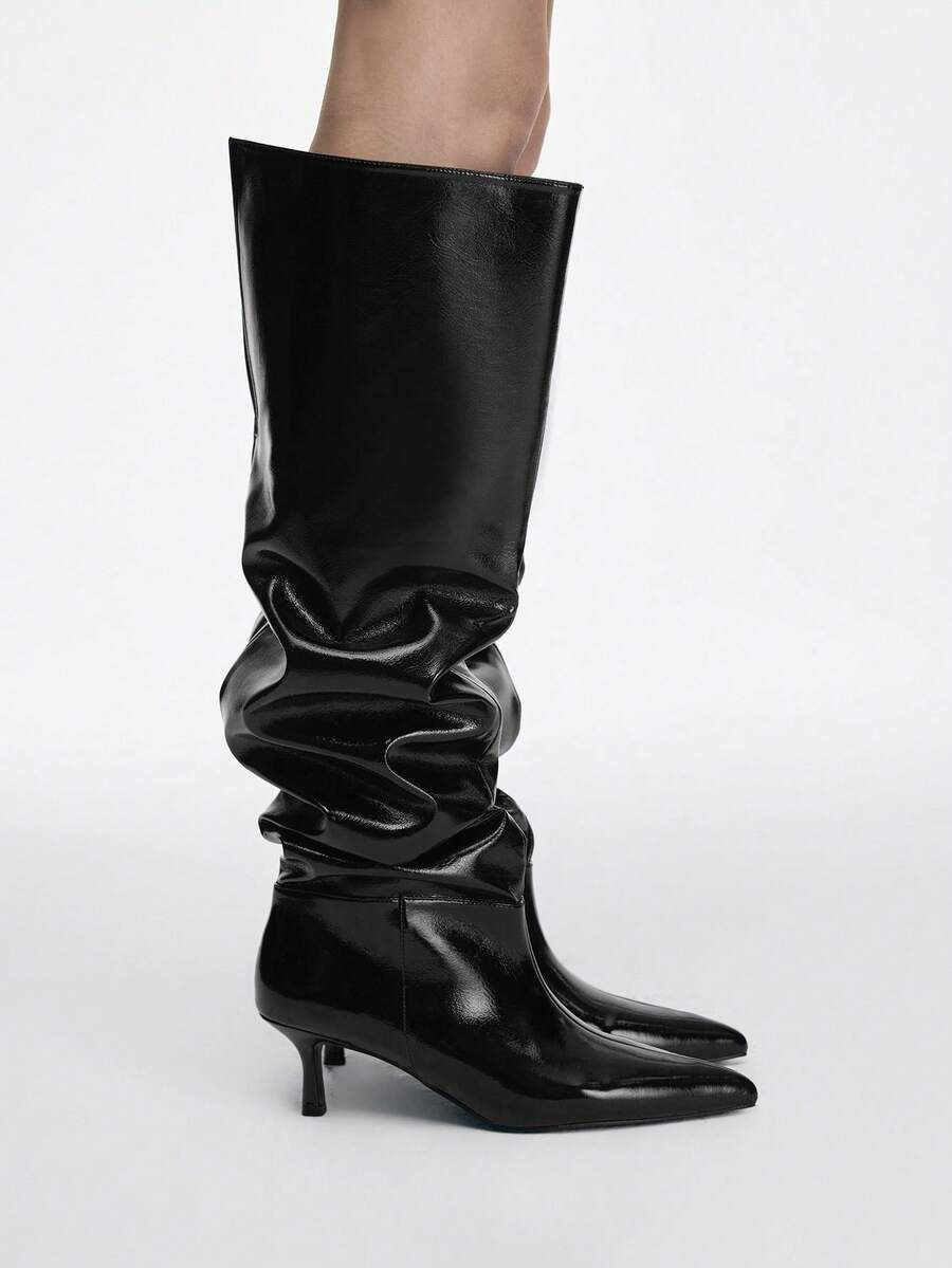 Mnmlis 女士尖头时尚黑色日常百搭过膝高跟靴 - 黑色 - 查看 1