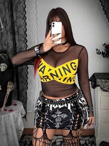 Whyspr Women's Sexy Fitted Long Sleeve Plus Size Mesh Patchwork Letter T-Shirt