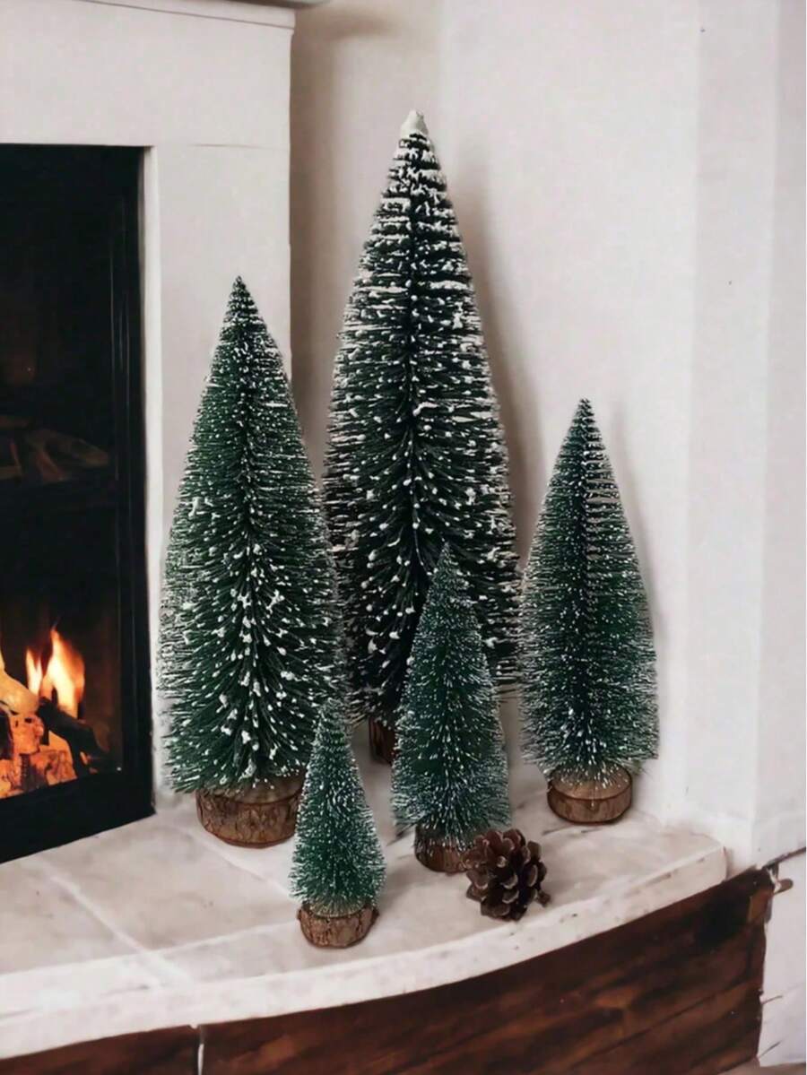 Snow Green Mini Artificial Christmas Tree, Christmas Tree Pack Small Trees With Wooden Base, Desktop Decor For Christmas, Winter Home, Winter Christmas Decorations Furniture - Dark Green - View 1