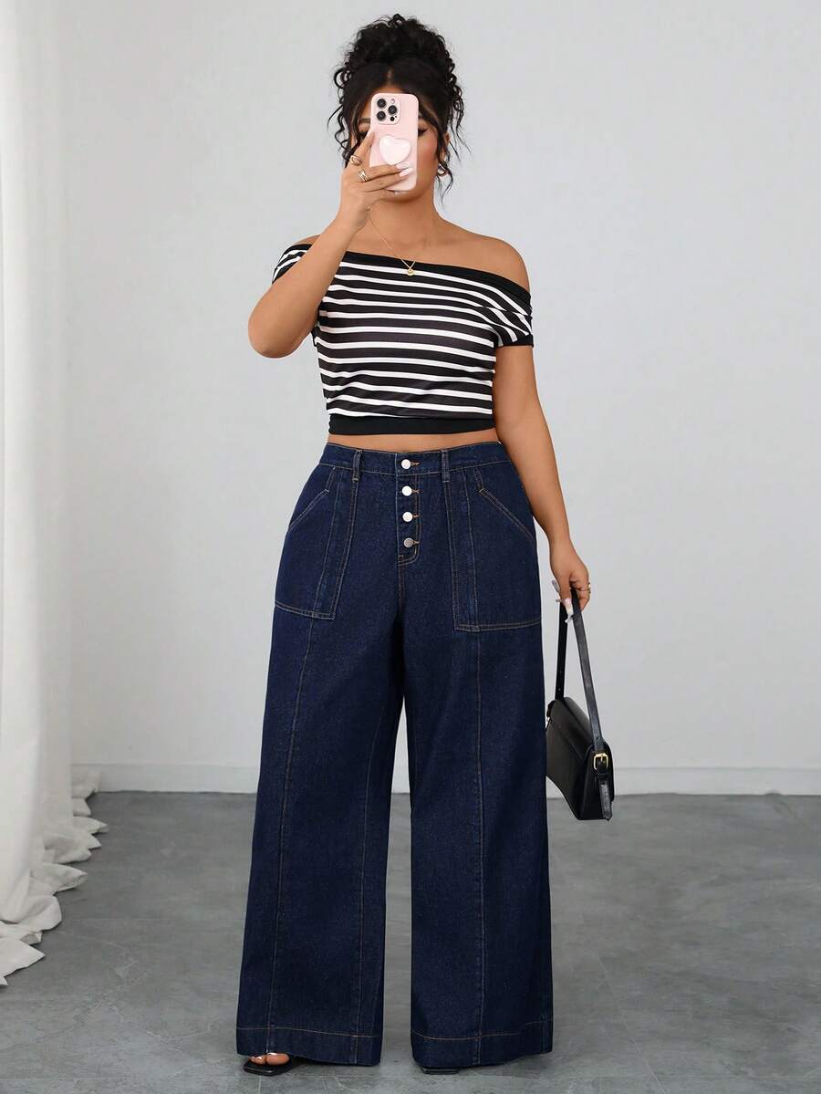 Elenzga Quần jeans ống loe màu xanh đậm không co giãn, thanh lịch và thoải mái dành cho nữ cỡ lớn, mùa thu/đông - Rửa tối - Xem 1