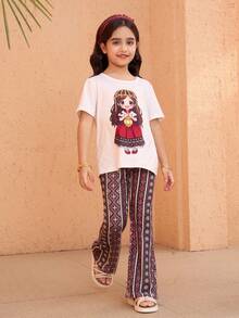 2pcs Girls Ramadan Crescent Moon Print Short Sleeve Top & Diamond Pattern Flare Pants Set, Suitable For Daily Outings, Spring/Summer - Black - View 6