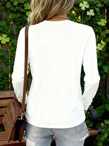 SHEIN Women's Slogan Print Crew Neck Long Sleeve Casual Versatile T-Shirt - White - View 2