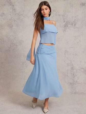 L'Amorae Chiffon Midi Skirt With Side Button Up Detail Spring Summer Vacation Birthday
