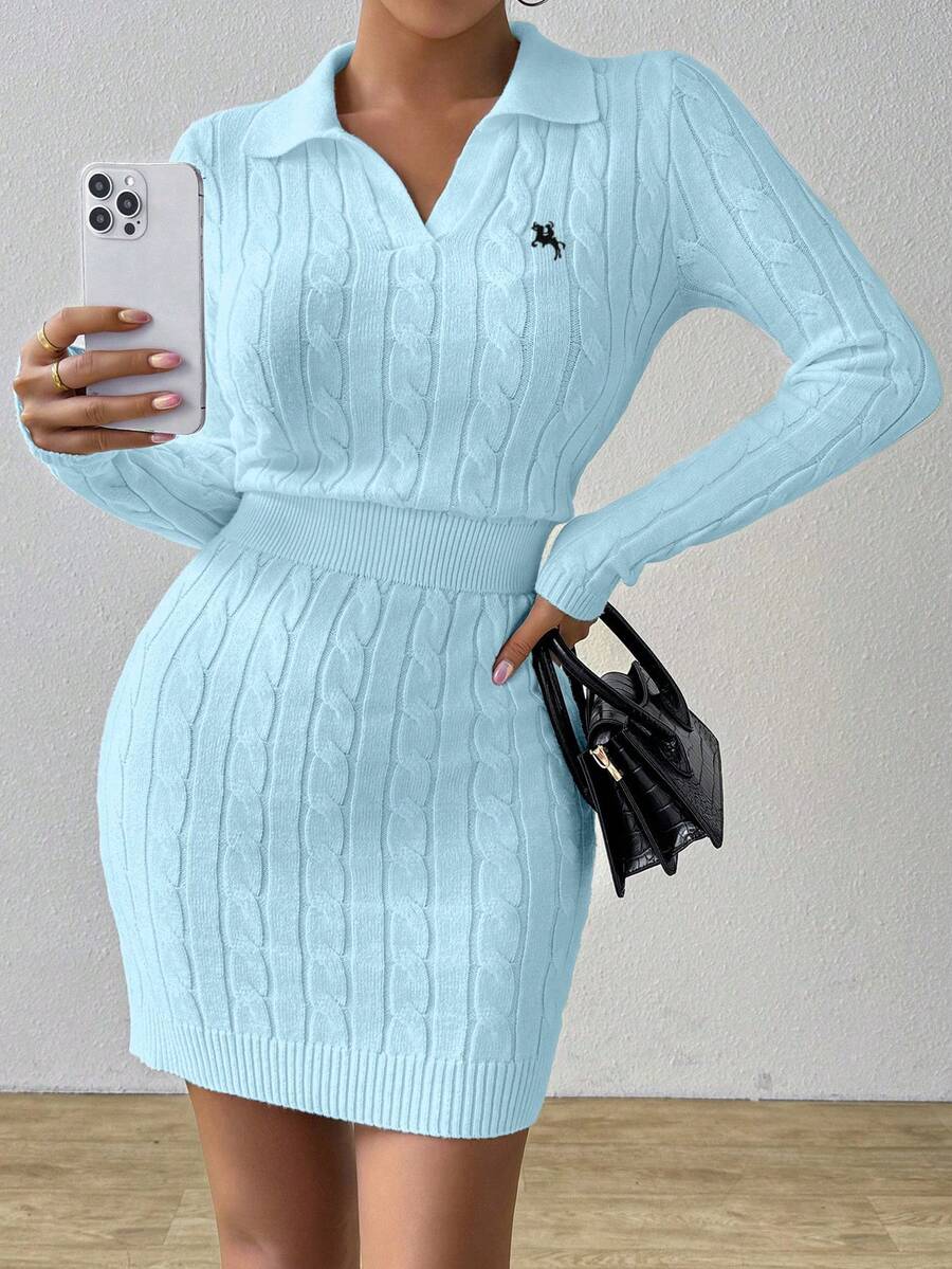 Rafferiza Pony Logo White Cable Knit Sweater, Embroidered Polo Collar Top, Fitted Sexy Dress For Women - Baby Blue - View 1