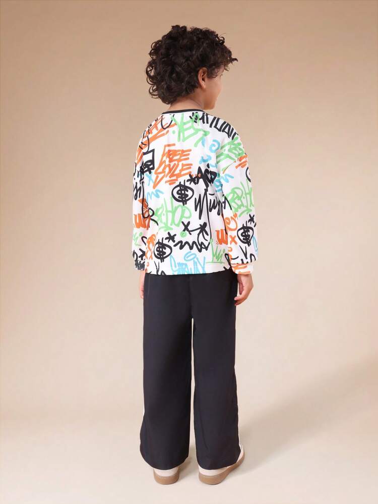 Graffiti Print Long Sleeve Top With Navy Pants Set