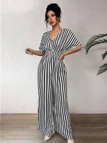 Elenzga Women's Spring/Summer French Striped Print Batwing Sleeve Cinched Waist Wide Leg Jumpsuit, Suitable For Casual, Holiday, Travel, Festivals, Western Style, Vintage, Boho, Music Festivals, Countryside - Black and White - View 3