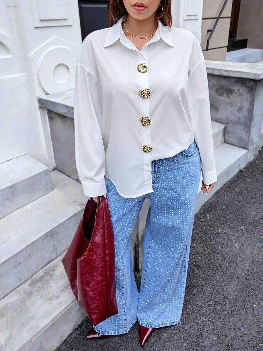 SHEIN EZwear Plus Size Women's Metal Button White Shirt,Elegant Office Versatile Autumn Top For Work,Dates,Party,Wedding,Casual ,Christmas & New Year - White - View 1