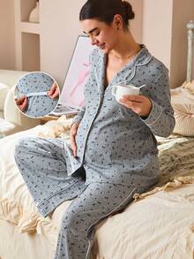 SHEIN 2pcs Maternity Bow Print Lapel Collar Long Sleeve Button-Up Top And Adjustable Waist Pants Set,Maternity Clothes - Grey - View 3