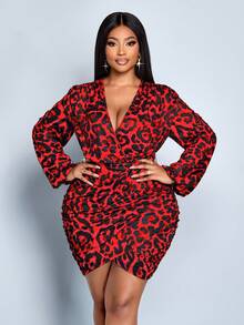SOLERSUN 大码优雅性感深V领豹纹长袖连衣裙，适合派对和通勤（随机花卉图案），秋季女装，冬季女装，返校季连衣裙，感恩节女装，开学季服装，教师服装，万圣节节日，褶皱不规则下摆，腰包，臀部 - 紅色 - 查看 6