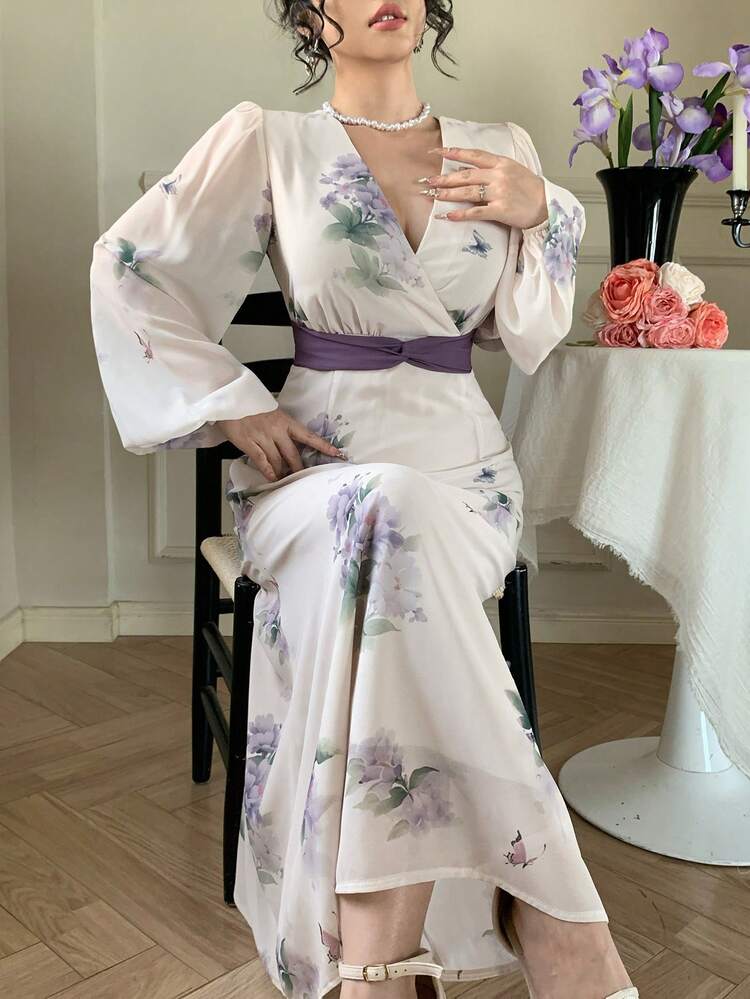 Women's Floral Print Overlap V-Neck Lantern Sleeve Elegant Dress Maxi Dress