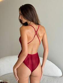 Aloruh Lady Red, Valentine's Day, Sexy, One-Piece Dress, Suitable For Dates, Cross Straps, Lace Edges, Wearable, For Outings, Suitable For Commuting, Lace See-Through  Straps And Wireless, Very Sexy One-Piece Dress - Burgundy - View 8