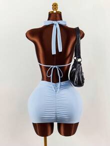 Amplova 2026新款极简主义蓝色低胸露背收腰修身迷你连衣裙，运动时尚风 - 藍色 - 查看 7