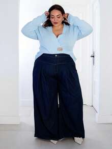 Pretty and Ole Jeans bleu foncé grande taille taille haute pantalon jambe large, vêtement élégant pour dames, confortable avec taille élastique, vêtements pour femmes en automne - Jean brut - Voir 1