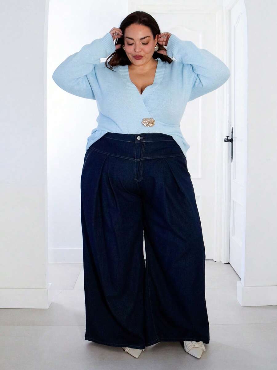 Pretty and Ole Jeans bleu foncé grande taille taille haute pantalon jambe large, vêtement élégant pour dames, confortable avec taille élastique, vêtements pour femmes en automne - Jean brut - Voir 1