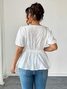 Elenzga Plus Size Spring/Summer Embroidered Linen-Like Square Neck Slimming Waist Puff Sleeve A-Line Elegant French Style Comfortable Vacation Casual Blouse Shirt Peplum Eyelet Top White Eyelet Top Eyelet Top Eyelet Tops For Women - White - View 2