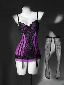 4pcs Sexy Lace Bra Set With Shaping Bodysuit And Mini Skirt, Purple - Purple - View 6