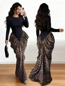 Elenzga Tall 女士黑色针织拼接豹纹圆领褶皱腰身优雅连衣裙，适合生日礼物、约会、派对、正式场合、鸡尾酒会、音乐节、独立日、网络星期一、万圣节、双十一、返校派对、单身派对、假日等场合。 - 彩色 - 查看 1