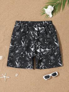 SHEIN Teen Boy All-Over Print Waist Tie Casual Swim Trunks Boys Black Swim Trunks Teen Boy Swim Trunk Black Swim Shorts Teen Boy Beach Shorts Mens Swim Trunk, Beach Swimwear For Kids, Summer Vacation, Pool Party - Black - View 2