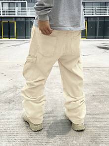 Manfinity EMRG Quần jeans ống rộng túi hộp thường ngày cho nam - Màu be - Xem 2