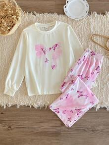 2pcs Girls Butterfly Print Long Sleeve Top And Loose Butterfly Print Pants Set, Fashionable And Cute Loungewear Teen Girl Pajama Set Girls Pijama 10 To 14 Years Pajamas Set Two Piece - Pink - View 1
