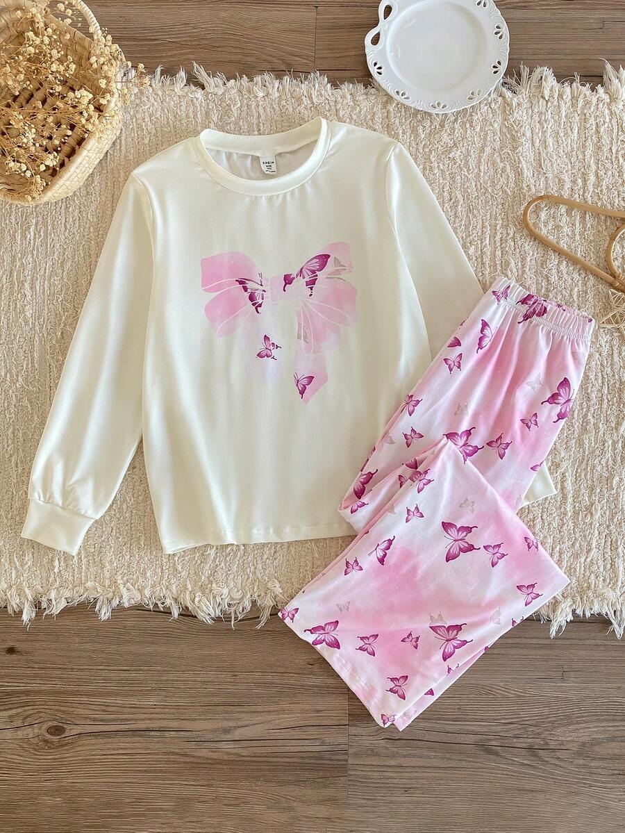 2pcs Girls Butterfly Print Long Sleeve Top And Loose Butterfly Print Pants Set, Fashionable And Cute Loungewear Teen Girl Pajama Set Girls Pijama 10 To 14 Years Pajamas Set Two Piece - Pink - View 1