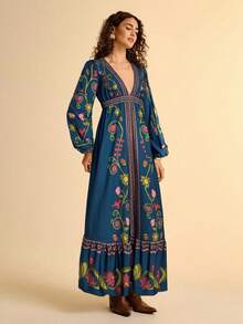 CAJUNI 女士波西米亚复古热带花卉印花泡泡袖V领黑色长款连衣裙 - 藍色 - 查看 3