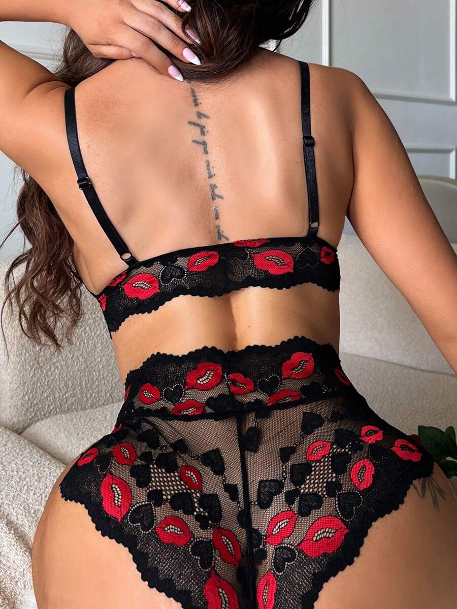 SHEIN Women's Lip Print Embroidery Lace Bra & Panty Sexy Lingerie Set - Multicolor - View 1