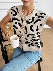 Serisse Women's French Casual Leopard Print Sleeveless Button-Down Knit Top With Metal Buttons,Spring Outfit Women,Summer Outfits,Going Out Tops For Women,Cheetah Print, - Multicolor - View 4