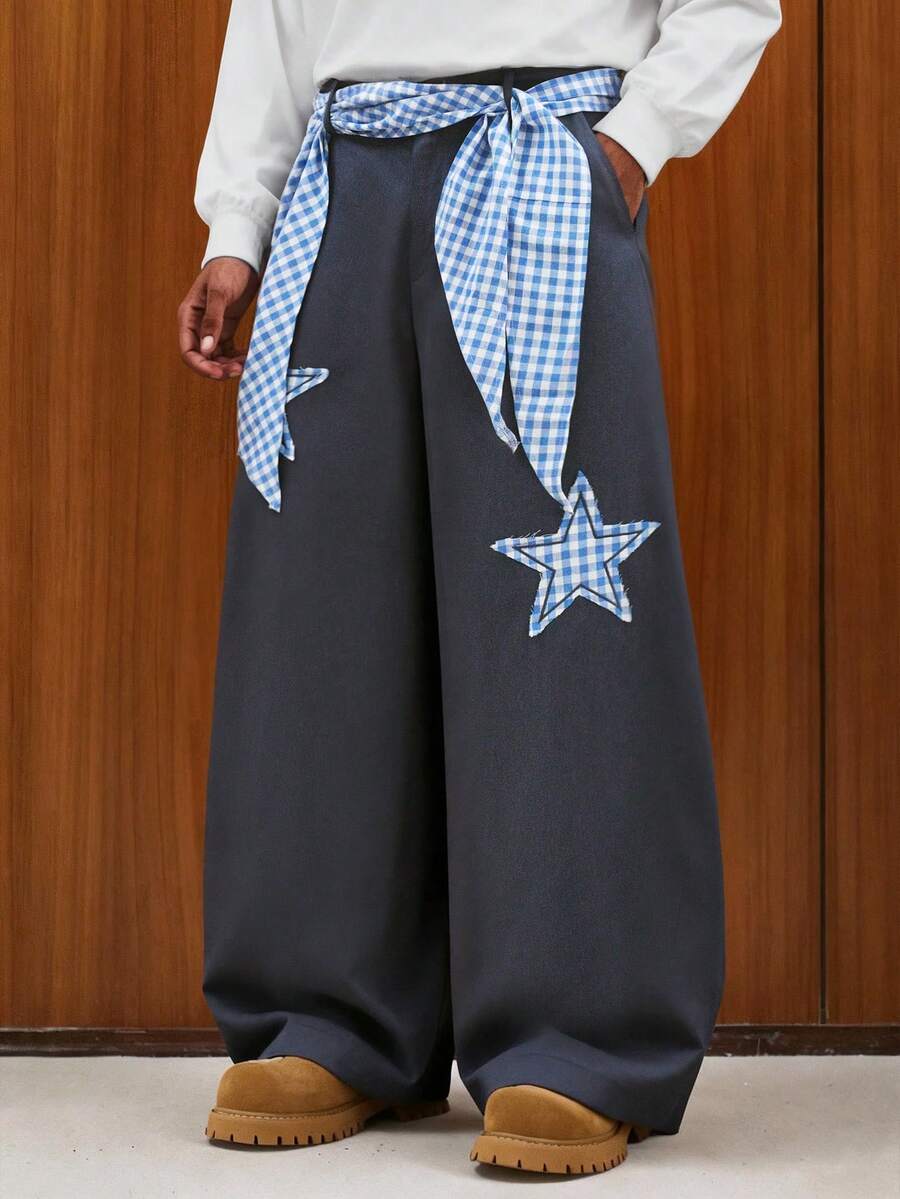 TOKVUE Pantalones holgados de uso casual diario con estampado de cuadros y parche de estrella - Azul - Ver 1