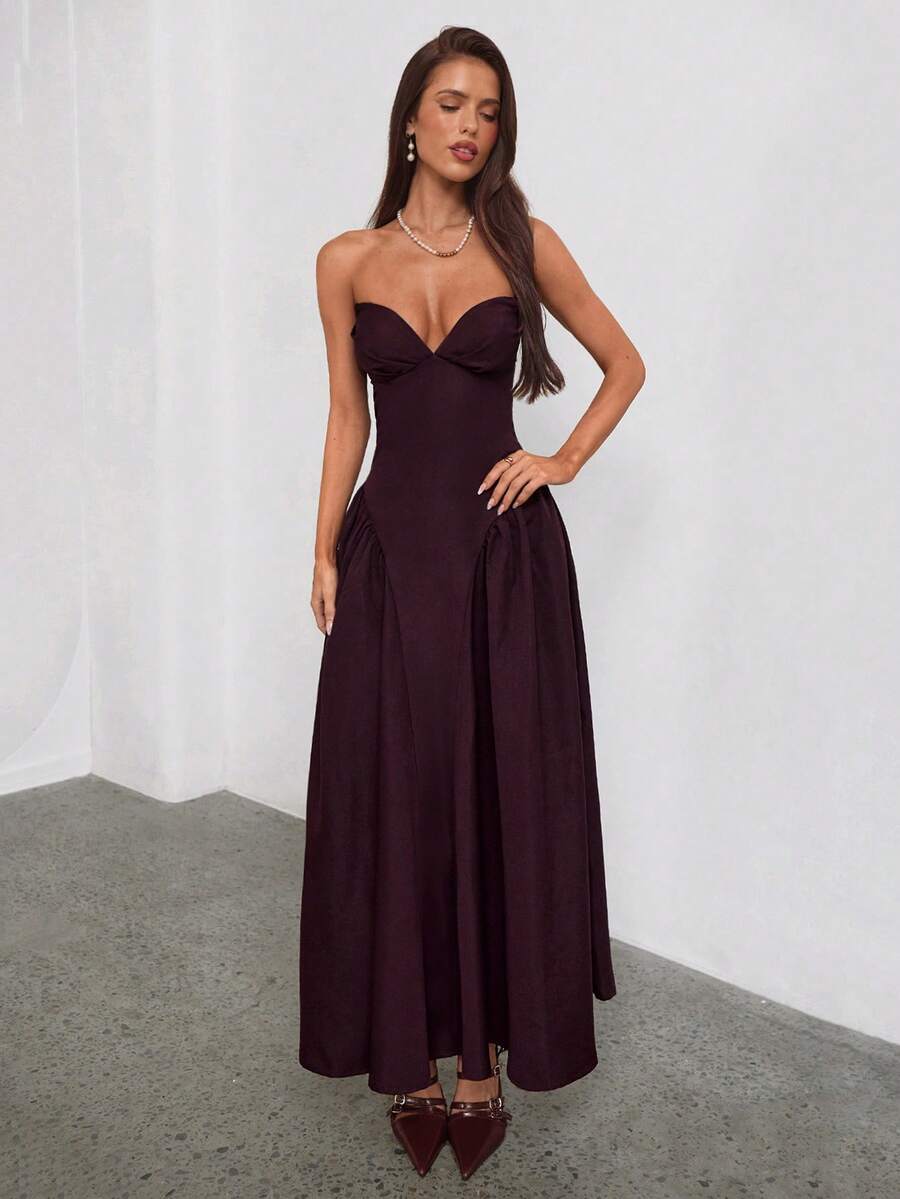 Aloruh 女士秋冬新款不对称胸部连衣裙，公主风伞裙，收腰设计，复古浪漫奢华紫红色连衣裙