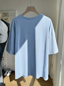 Comfortcana Plus Size Women Letter Embroidery Round Neck Drop Shoulder Short Sleeve Casual Loose T-Shirt - Blue - View 2