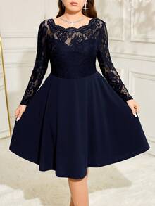 SHEIN Clasi Vestido de otoño de talla grande en verde oliva con parches de encaje en corte evasé, adecuado para fiestas/carnavales - Azul - Ver 5