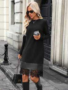 SHEIN LUNE Damklänning med långärmad spetskant och avslappnad passform - Svart - Visa 3