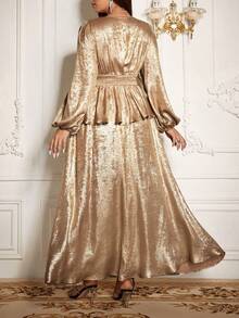 Roveilla Plus Size Women's Gold Elegant Wedding Dress,Autumn Metallic Pleated Blouse & A-Line Loose Maxi Skirt 2 Pieces Set,Luxury Party Evening Gown,Bronze - Gold - View 3