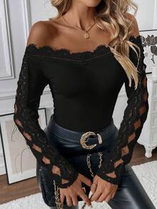 SHEIN PETITE 女士露肩花卉蕾丝镂空长袖T恤 - 黑色 - 查看 6