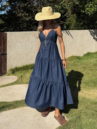 EMERY ROSE Women's Vacation Ruffled Hem Sexy Fashion Halter Neck Denim Dress,Valentine's Day,Summer,Carnival,Beach,Party,Elegant Party Dress,Going Out