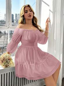 SHEIN LUNE Vestido elegante para mujer de talla grande con hombros descubiertos, tirantes con lazo y borde con volantes - Rosa - Ver 5