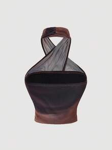 SHEIN MOD 2pcs Women's Criss-Cross Halter Neck Ruched Waist Fashionable Tops, Fall/Winter,Women's Christmas Costume,Casual,Christmas Clothes Women,New Year,Thanksgiving Winter,Party Top - Burgundy - View 6