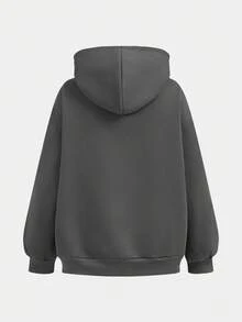 SHEIN Girlism 2件套少女宽松纯色深灰色复古美式英文文字印花连帽卫衣和运动裤套装，适合秋冬季节和返校季穿着，带保暖内衬 - 深灰色 - 查看 5