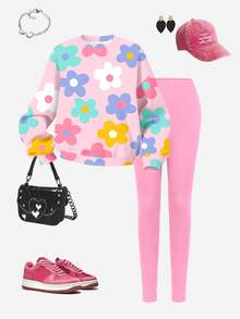 1 Set Girls Back To School Fashion Dotted Bow Print Crew Neck Sweatshirt And Black Leggings Outfit, Fall Clothes - Multicolor - View 3