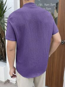 HIMLAND 男士纯色短袖单排扣休闲梭织衬衫 紫色衬衫 淡紫色衬衫 葡萄紫衬衫 紫色纽扣衬衫 男士紫色衬衫 - 紫色 - 查看 2