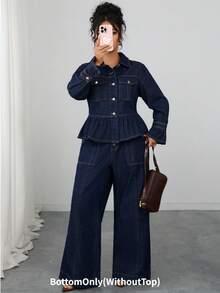 Elenzga Quần jeans ống loe màu xanh đậm không co giãn, thanh lịch và thoải mái dành cho nữ cỡ lớn, mùa thu/đông - Rửa tối - Xem 3