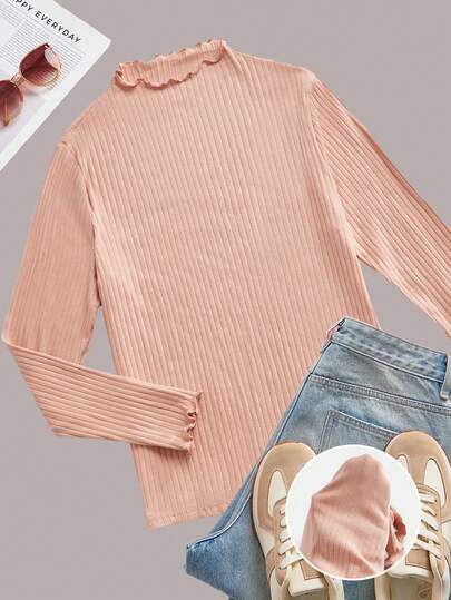 SHEIN EZwear 女式加大码罗纹针织长袖T恤，莲藕粉色